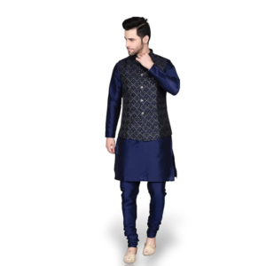 Ethluxis Men's Silk Blend Kurta Churidar Pyjama with Ethnic Bundi Jacket Set