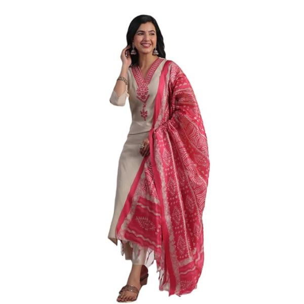GoSriKi Women's Rayon Blend Embroidered Straight Kurta with Pant & Dupatta