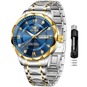 OLEVS Men's Business Watch Gold Blue with Large Easy-Read Analog Quartz