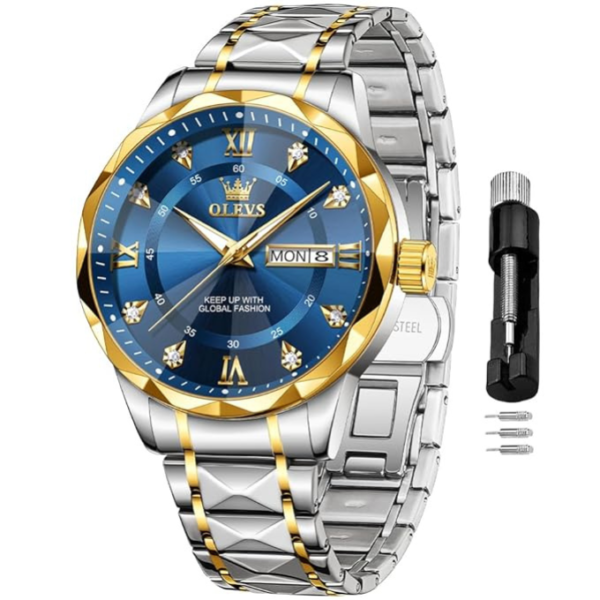 OLEVS Men's Business Watch Gold Blue with Large Easy-Read Analog Quartz